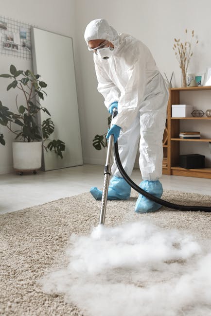 A person in full protective gear, including a white coverall, face mask, and gloves, is engaged in deep cleaning a plush, beige carpet in a modern living room. They are using a professional steam or vapor cleaning machine, with a black hose connected to the device, emitting steam onto the rug's surface. The room features a wooden shelving unit with decorative items, a tall mirror, and potted plants, illuminated by natural light. The clean and well-maintained space highlights the importance of surface cleaning and sanitisation, as performed by Carpet Cleaning Finsbury Park, to ensure hygiene and maintain fresh, healthy indoor environments.